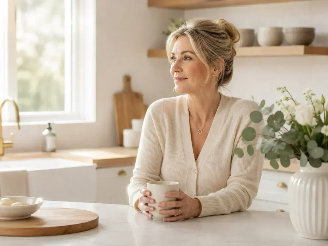 Naturally beautiful woman in her early 50s sitting at a bright kitchen island holding a ceramic mug, gazing reflectively — midlife self-care and skincare