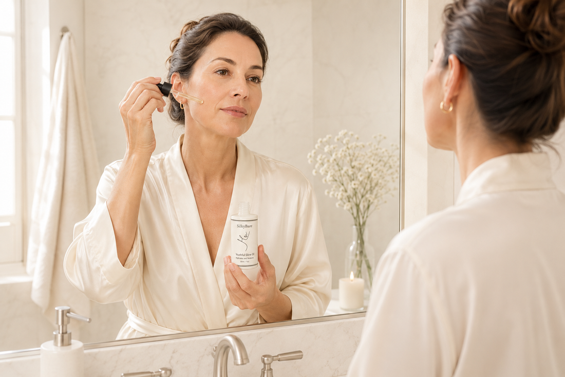 Woman in a silk robe holding a morning cup of tea by a sunlit window — waking up refreshed after a consistent night-time skincare ritual with SilkyBare