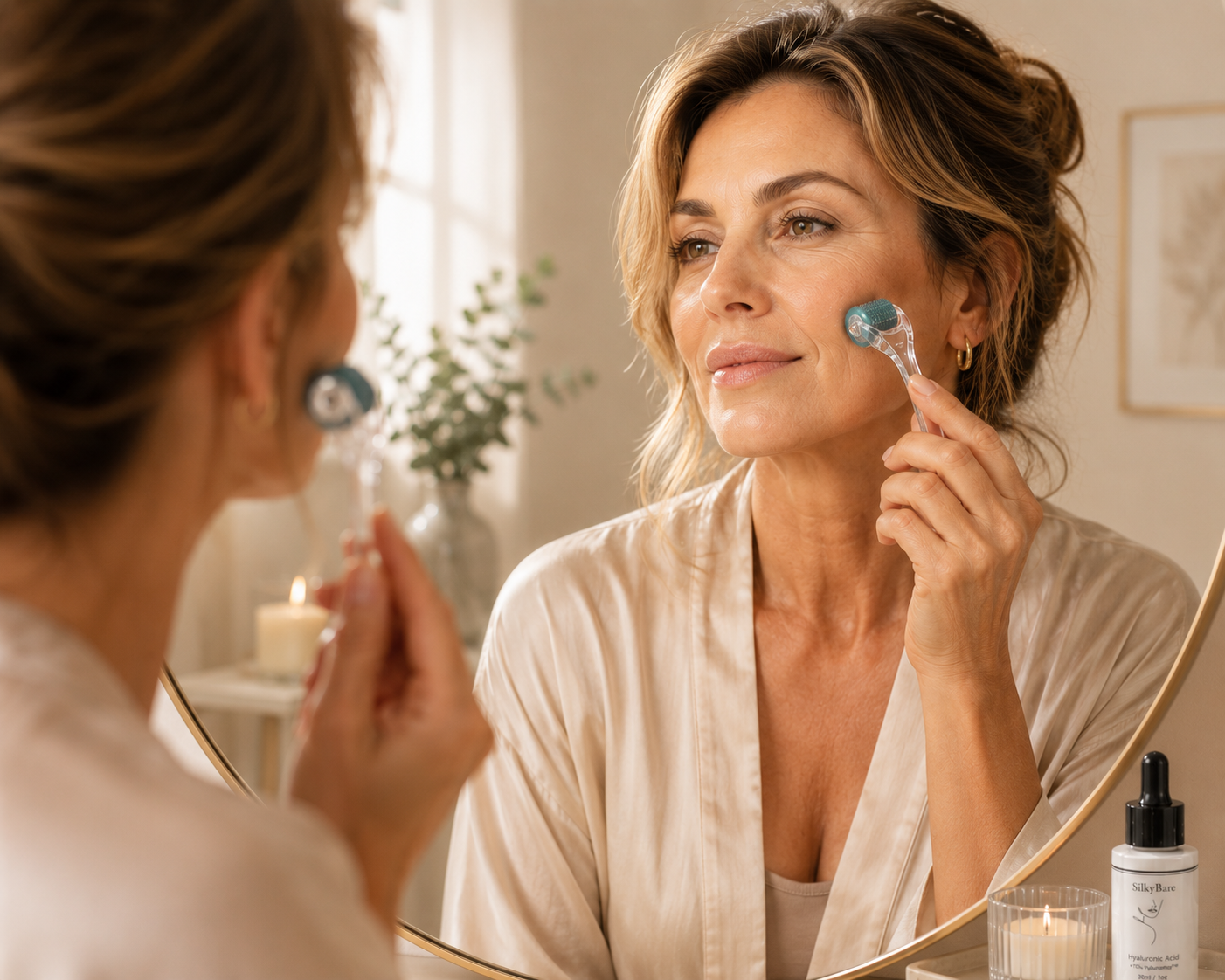 Derma roller micro-needling tool with Hyaluronic Acid serum for collagen stimulation and skin renewal in mature skin | SilkyBare