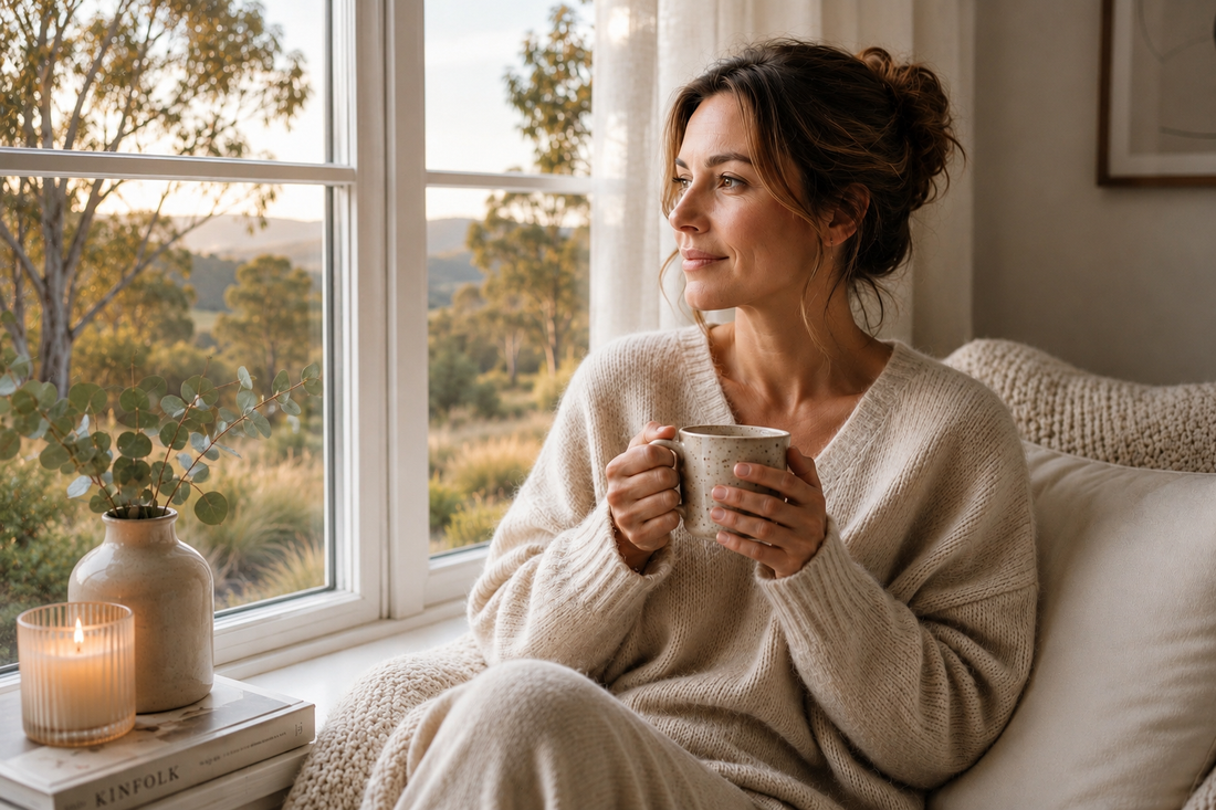 Woman with glowing skin in a cosy winter setting — SilkyBare winter skincare routine guide