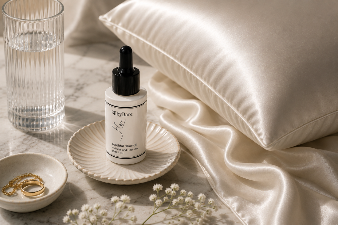 SilkyBare youthful glow oil beside a mulberry silk pillowcase in a luxury night-time skincare setting