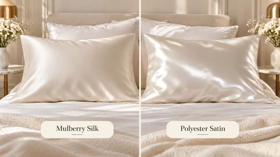  Mulberry silk pillowcase beside a polyester satin pillowcase, showing the differences in fabric texture and appearance.