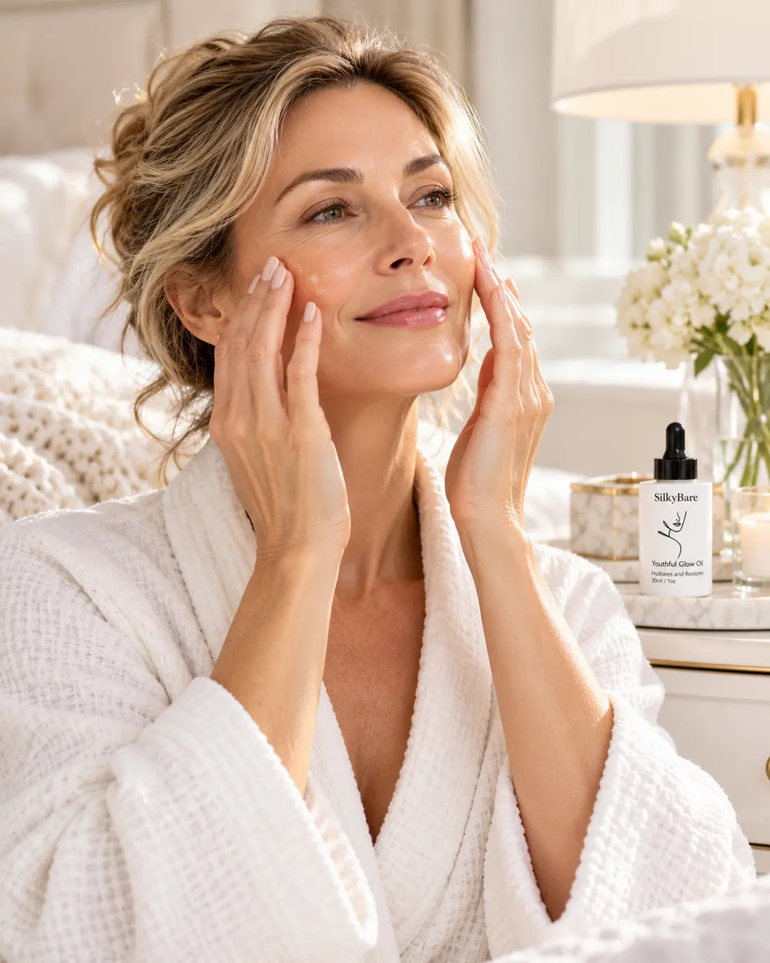 Woman in a white robe gently pressing her cheeks, with SilkyBare Youthful Glow Face Oil beside her.