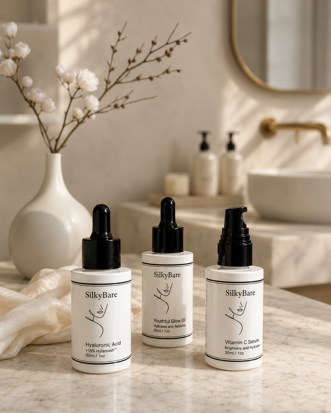 SilkyBare anti-aging serum trio featuring Vitamin C, Hyaluronic Acid and Youthful Glow Face Oil for collagen support and skin firming