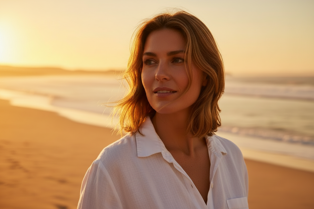 Woman standing on an Australian beach at golden hour in a white linen shirt, gazing into the distance — hero image for skincare journey at 60