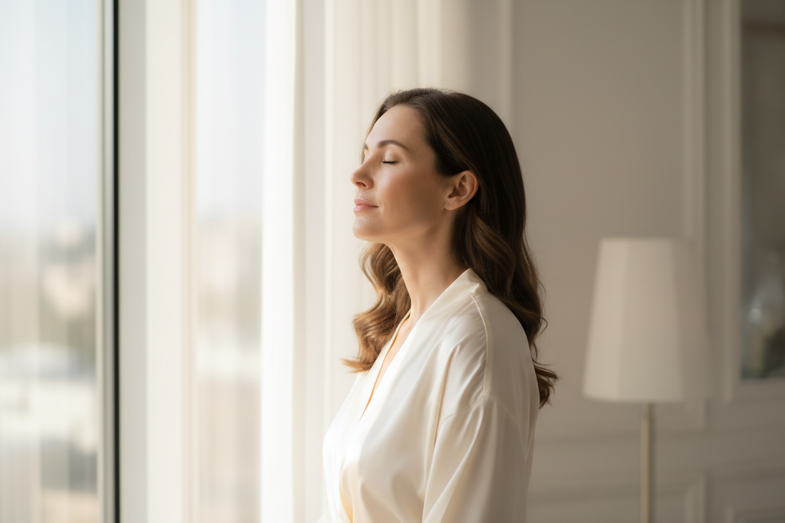 Elegant woman with glowing radiant skin facing a sunlit window — SilkyBare Vitamin C Serum for brighter, more even-toned skin
