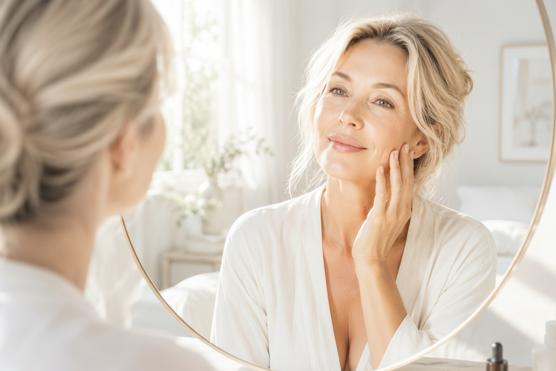 Elegant woman in her 40s in a white robe looking in a round mirror and touching her cheek in a bright white bedroom — building an anti-aging skincare routine with SilkyBare