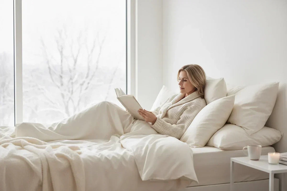 Elegant woman in a cream knit cardigan sitting up in a luxurious bed reading a book on ivory mulberry silk pillowcases — representing a cosy winter self-care ritual for skin and sleep with SilkyBare