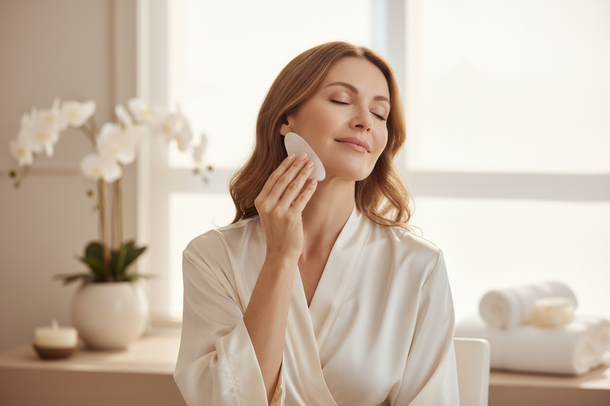 SilkyBare White Quartz Gua Sha tool on a white silk pillowcase — facial massage ritual to lift, sculpt and boost circulation for mature skin