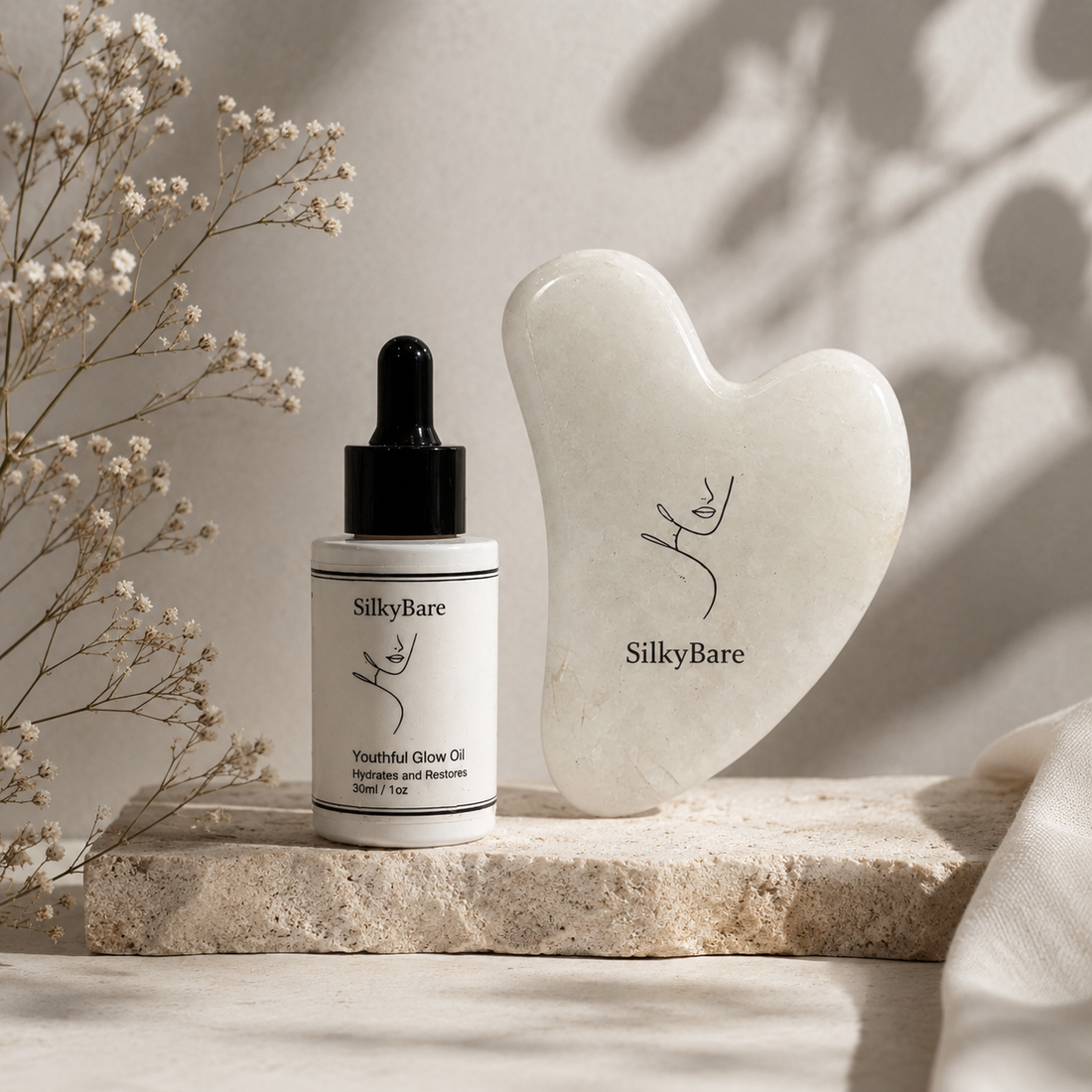 SilkyBare white quartz Gua Sha stone and Botanical Youthful Glow Face Oil flat lay on white marble — how to use Gua Sha with face oil for best results