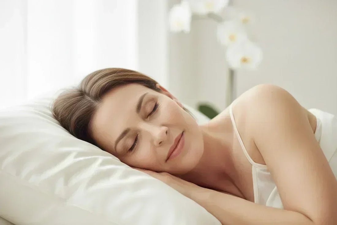 Woman sleeping peacefully on an ivory silk pillowcase in a bright white bedroom — SilkyBare Mulberry silk pillowcase