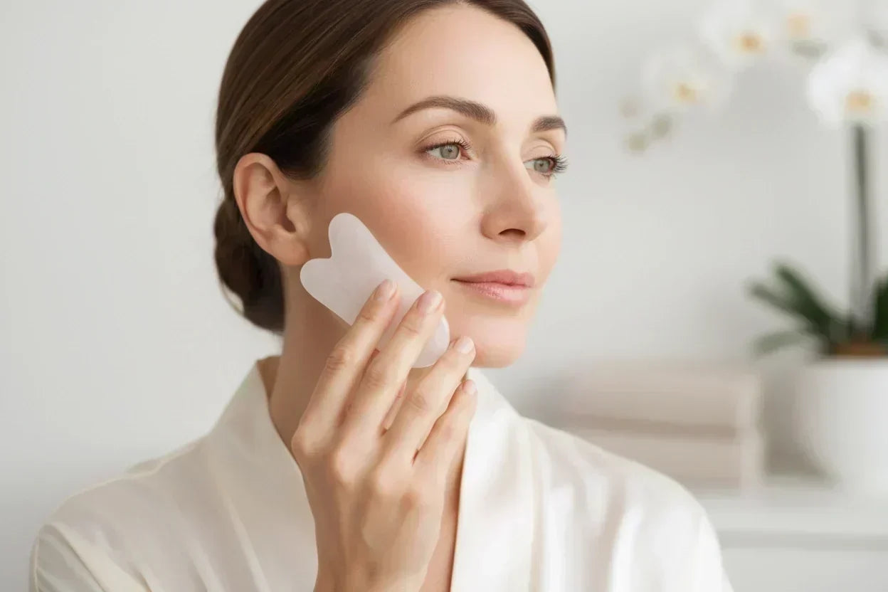 Elegant woman in her late 40s gently gliding a white quartz Gua Sha stone along her jawline — SilkyBare skincare ritual
