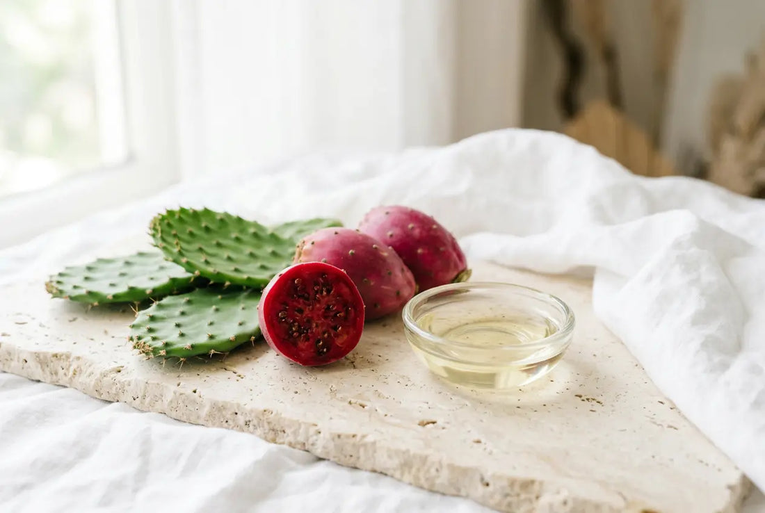 Prickly pear fruit and cactus pads beside a glass bowl of pale golden facial oil on an ivory stone surface.