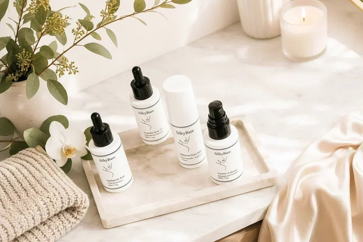 SilkyBare skincare products arranged on a marble tray.