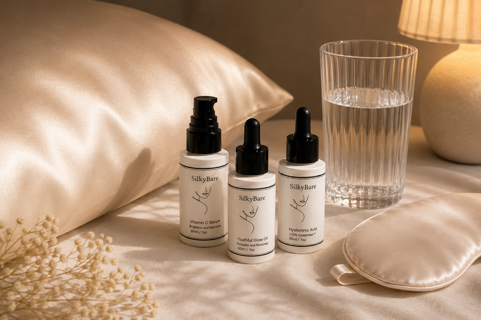 Mulberry silk pillowcase, hyaluronic acid serum and silk eye mask for overnight skin hydration and beauty sleep | SilkyBare Australia