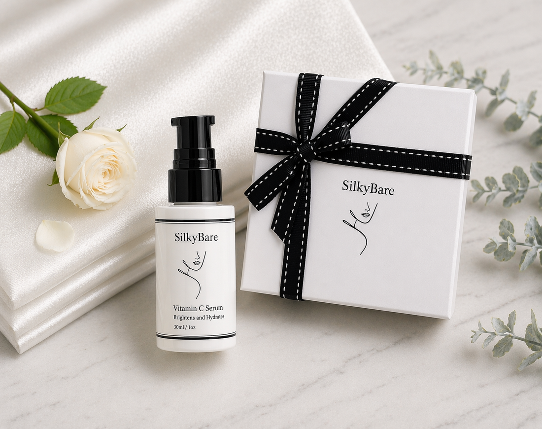 SilkyBare Vitamin C serum and gift set for anti-aging skincare routine supporting collagen, hydration and radiant skin