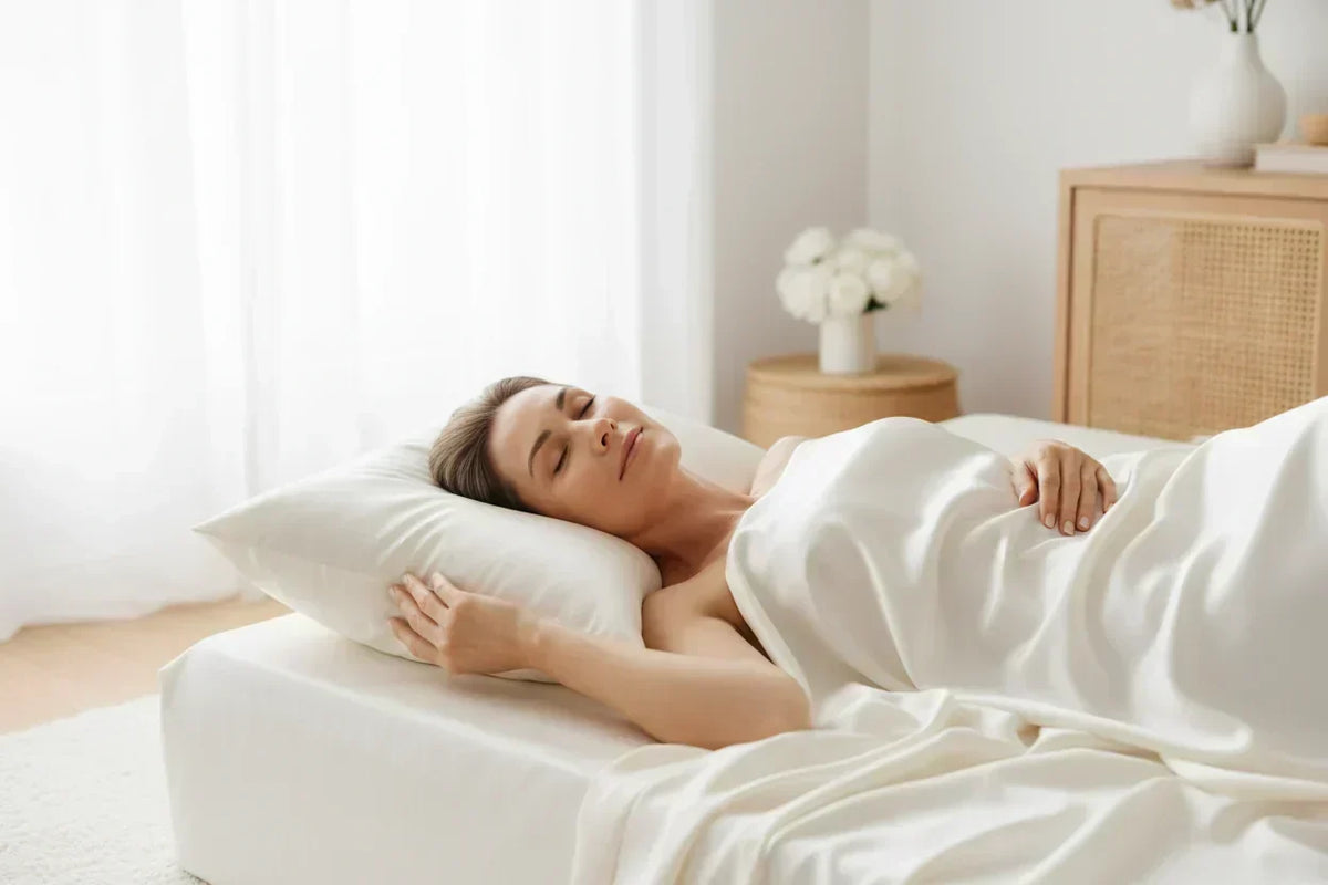Elegant woman with dewy radiant skin resting peacefully on a lustrous ivory mulberry silk pillowcase in a bright white bedroom — representing overnight skin hydration, barrier recovery, and the role of silk in supporting skin comfort at night