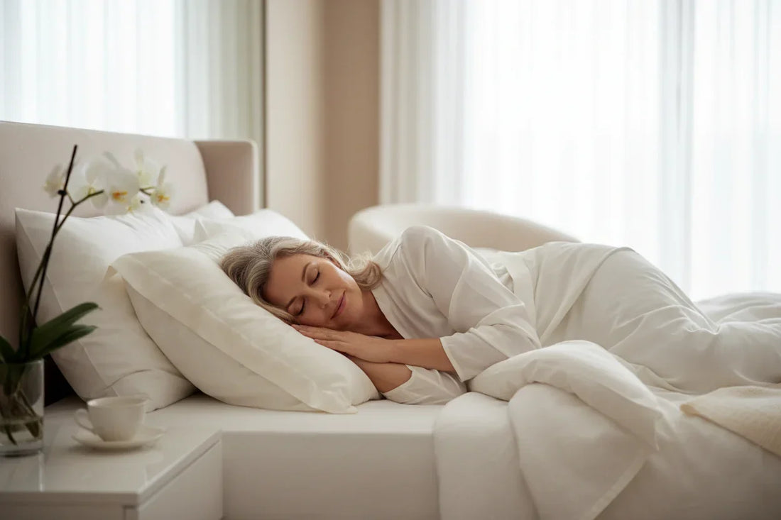 Elegant woman sleeping peacefully on an ivory mulberry silk pillowcase in a bright white bedroom — representing overnight skin hydration, beauty sleep, and the role of silk in supporting skin recovery