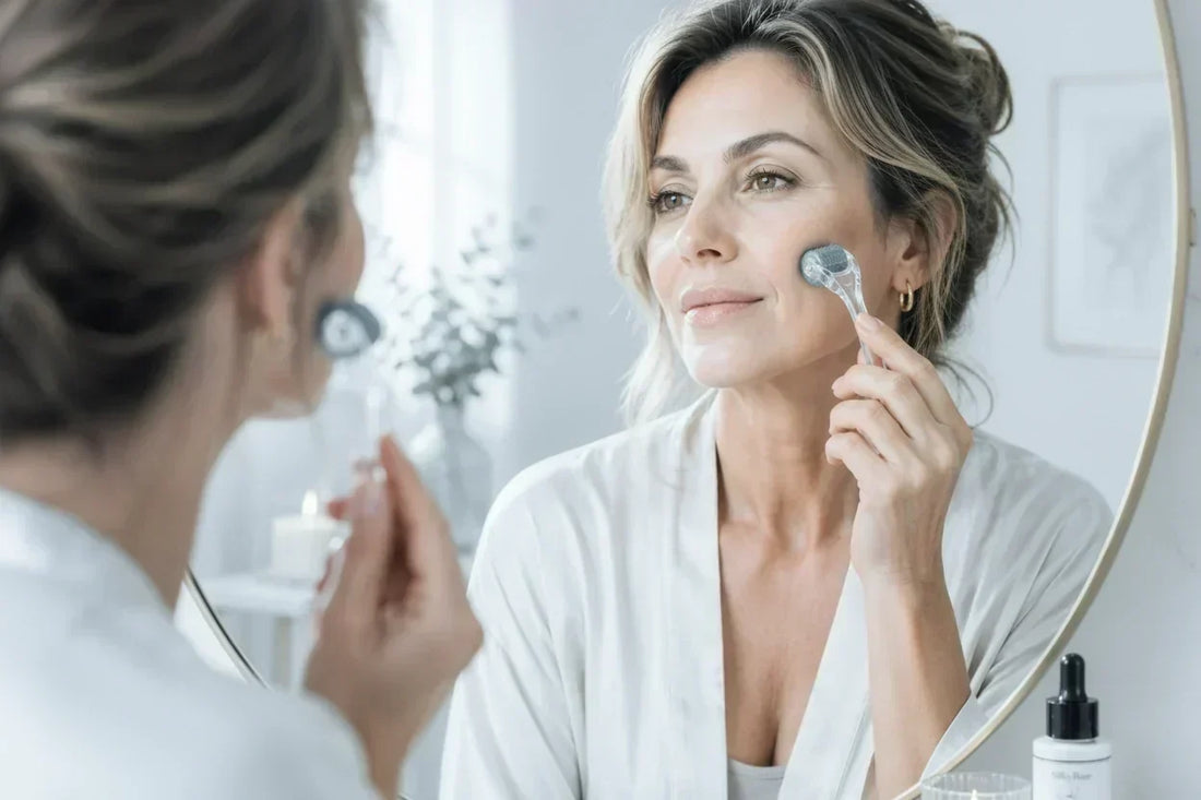 Elegant woman in her 50s in a white dressing gown using a derma roller in front of a bathroom mirror — at-home micro-needling for mature skin
