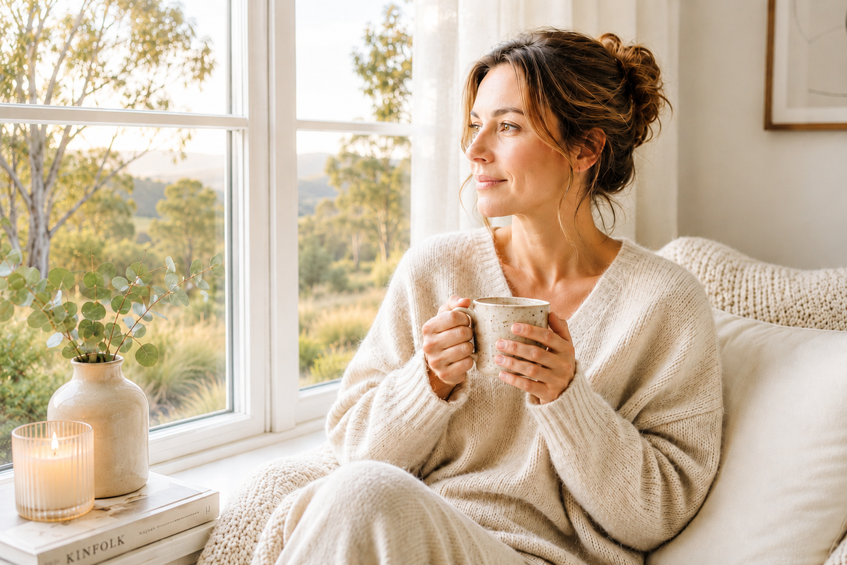 Elegant woman in her early 50s with dark hair pinned up, wearing a cream knit cardigan, sitting by a bright window holding a mug — SilkyBare winter skincare lifestyle