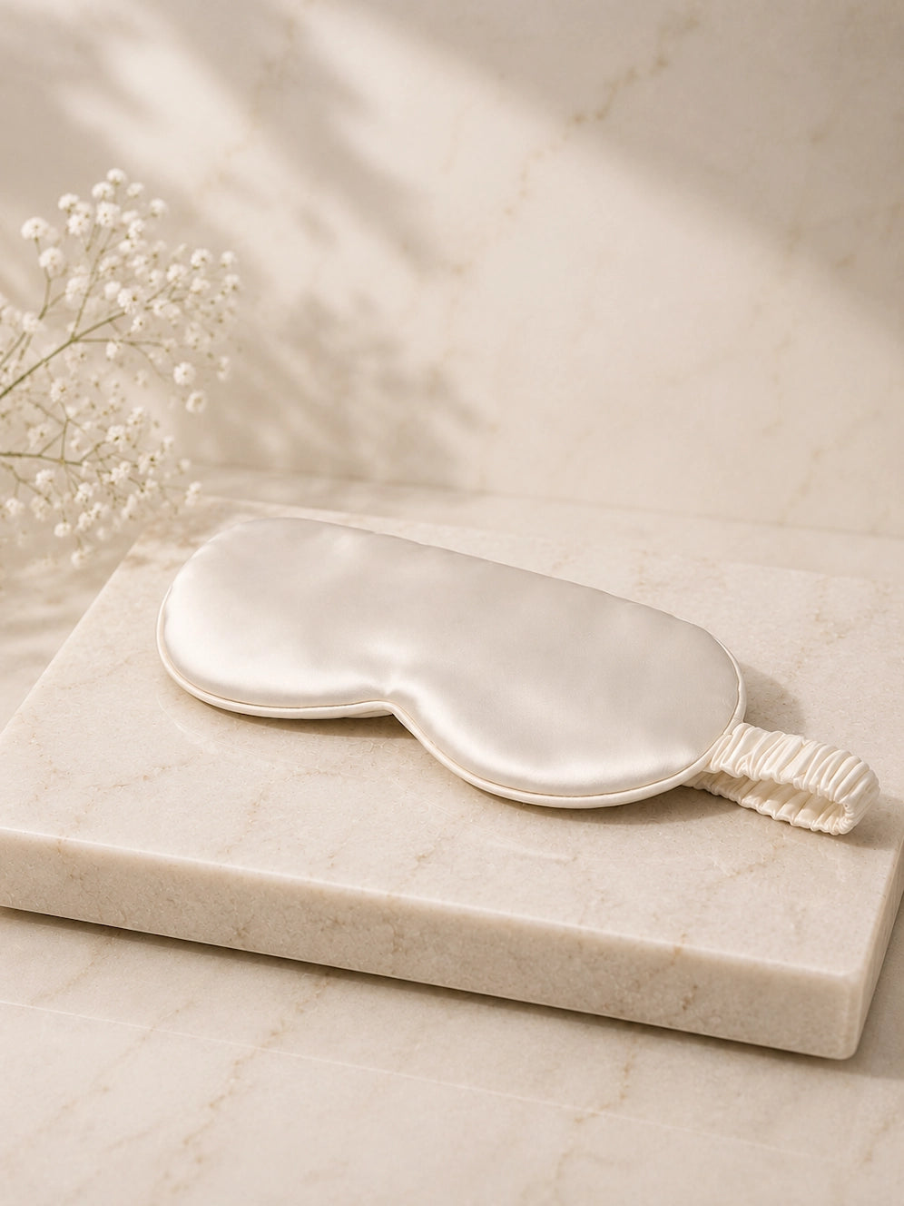 A silk sleep mask in a warm off-white or cream color, resting on a rectangular marble block with delicate baby's breath flowers in the background.