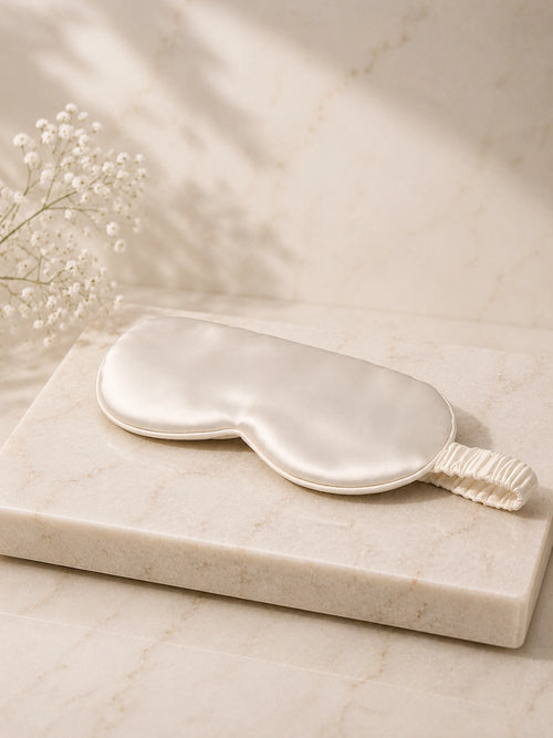 A silk sleep mask in a warm off-white or cream color, resting on a rectangular marble block with delicate baby's breath flowers in the background.