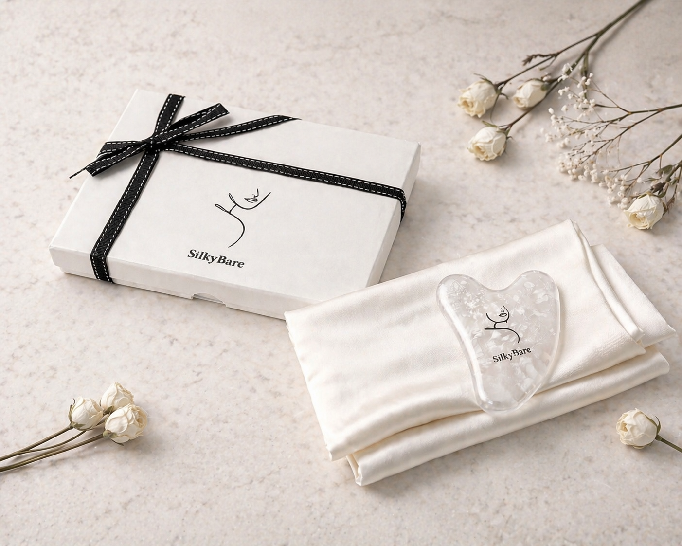 SilkyBare Gua Sha white quartz  with gift box and silk pillowcase