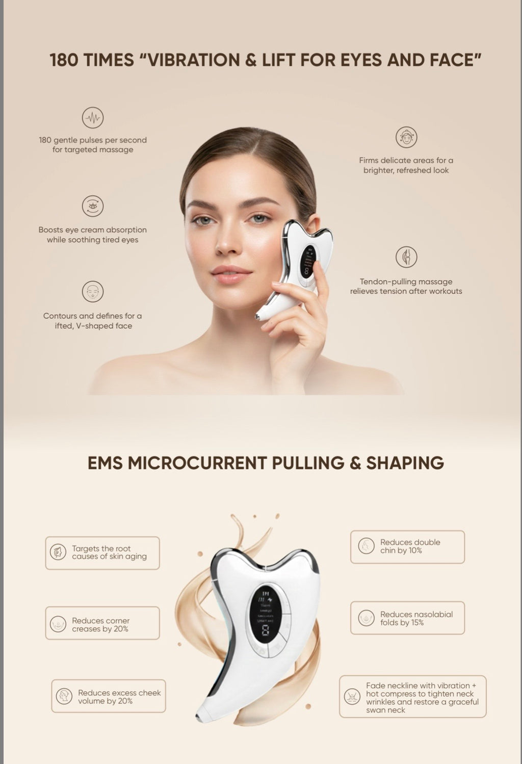 Woman using an EMS facial device with product details using ems microcurrent