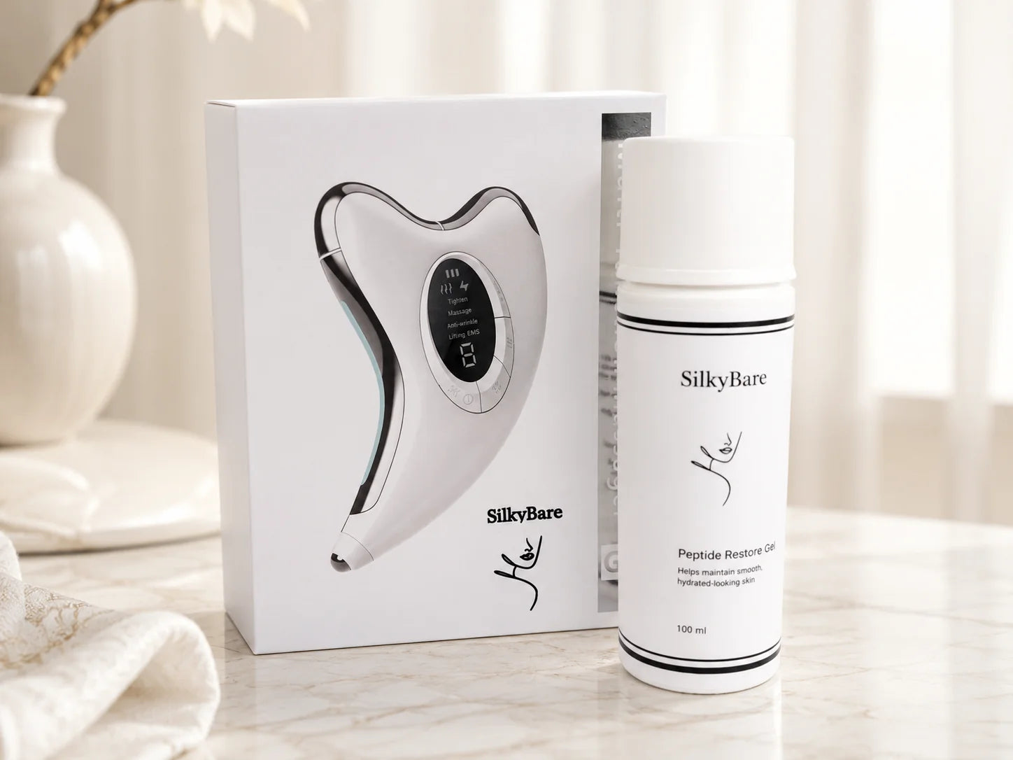 SilkyBare EMS Facial Massage Device paired with peptide cream — lift and tone for mature skin