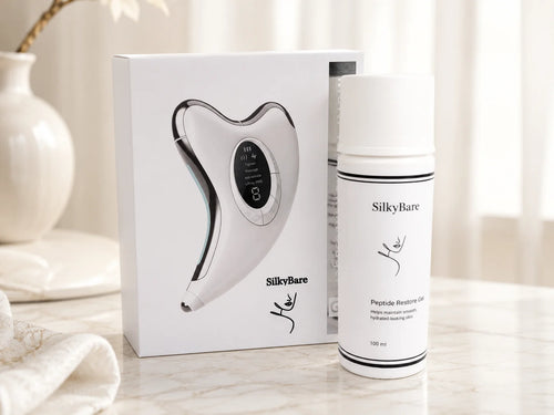 SilkyBare EMS Facial Massage Device paired with peptide cream — lift and tone for mature skin