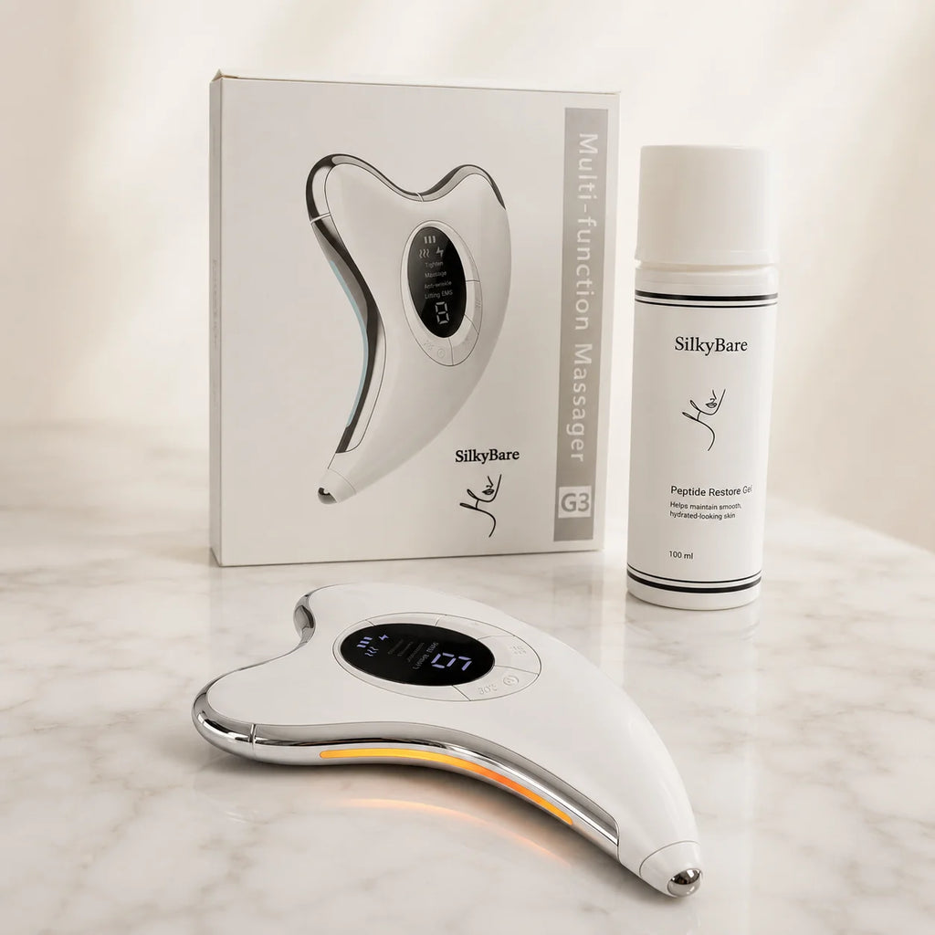 SilkyBare EMS Facial Massage Device paired with peptide cream — lift and tone for mature skin