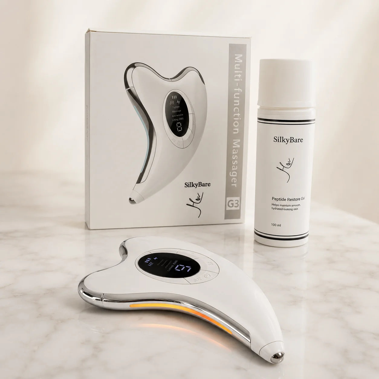 SilkyBare EMS Facial Massage Device paired with peptide cream — lift and tone for mature skin