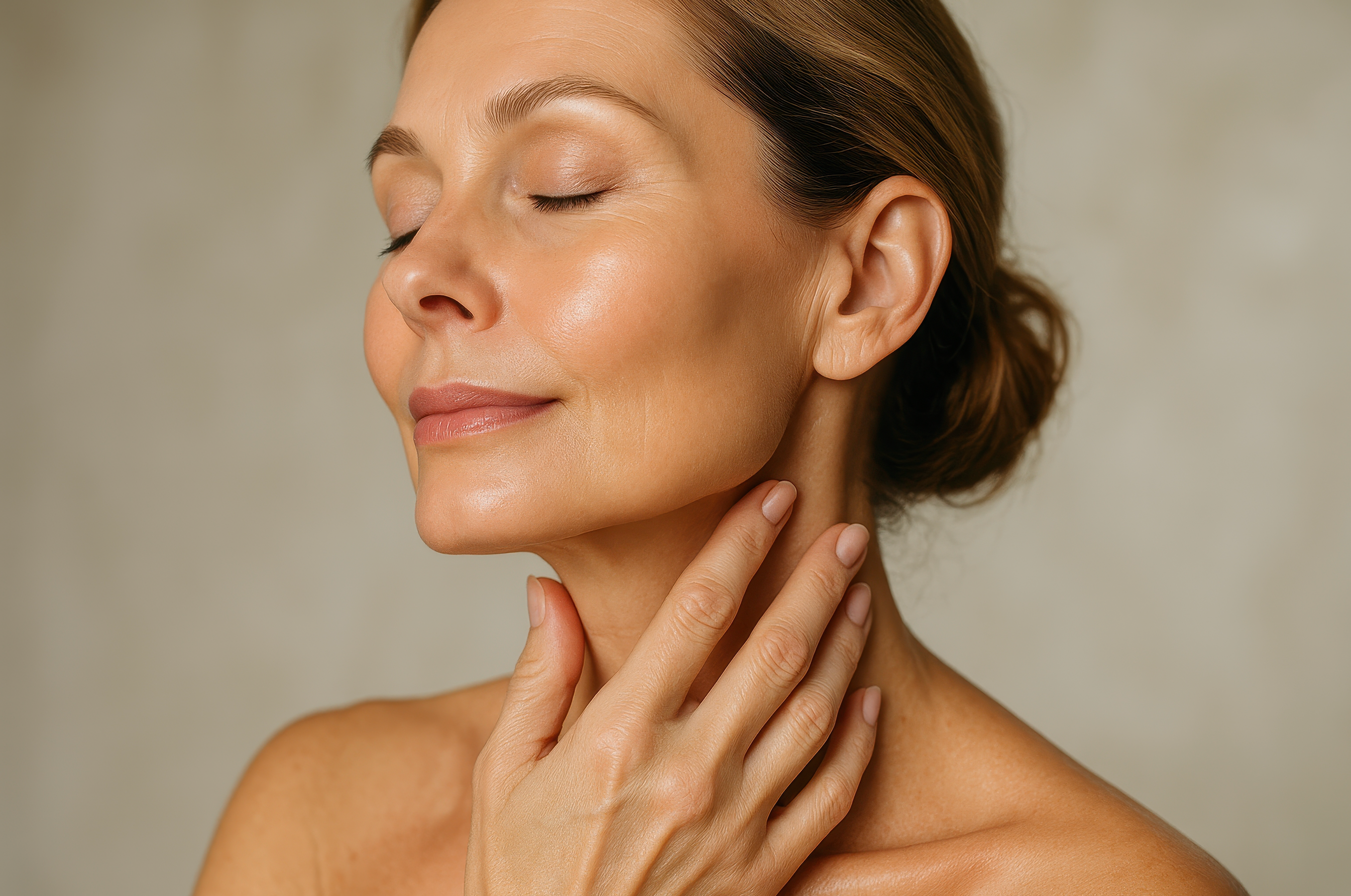 Mothers Day face oil for radiant skin/ touching her neck with a neutral background
