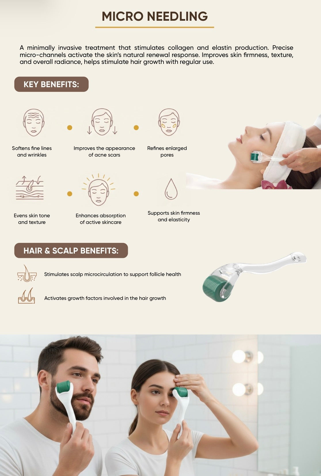 Micro needling device with key benefits listed -anti-aging, sagging and lifting