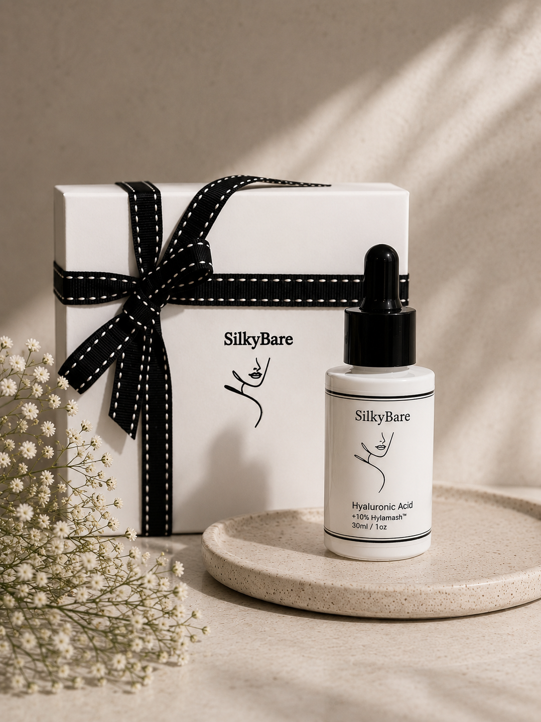 Woman applying SilkyBare Hyaluronic Acid Serum to plump, hydrated skin — lightweight gel serum with multiple forms of hyaluronic acid, made in Australia"