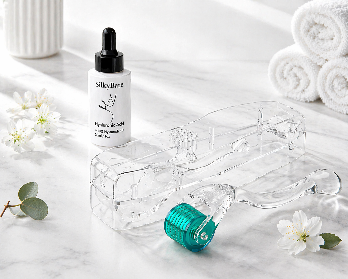 SilkyBare hyaluronic acid serum with a micro-needing derma roller - use for anti-aging on sagging skin.