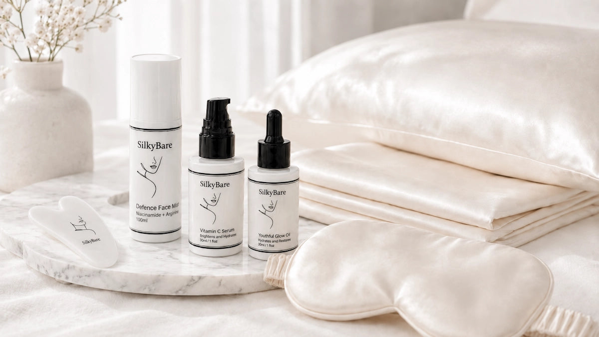 SilkyBare Vitamin C Serum and Youthful Glow Face Oil on a marble tray with mulberry silk pillowcase and eye mask
