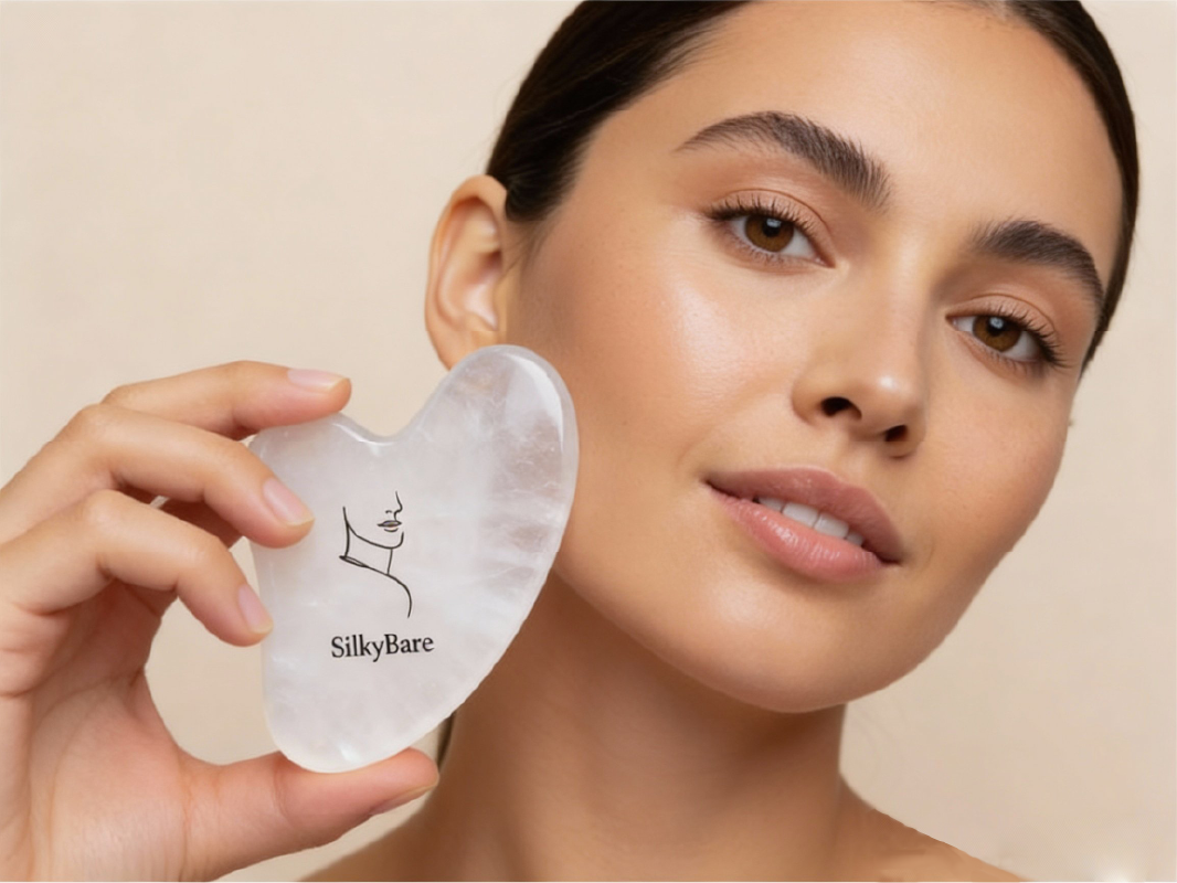 woman holding white quartz gua stone with SB logo