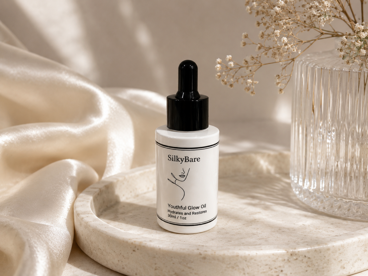 SilkyBare Botanical Youthful Glow Face Oil on marble tray with mulberry silk pillowcase