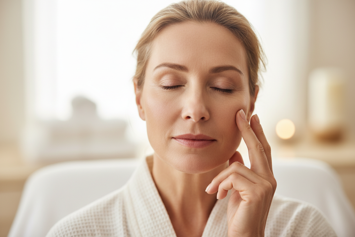 Elegant woman with glowing radiant skin touching her cheek, bright spa-inspired lifestyle photography for SilkyBare skincare

