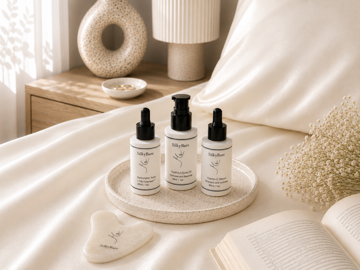hyaluronic serum, vitamin c serum, face oil serum with gua sha tool sitting on a marble tray