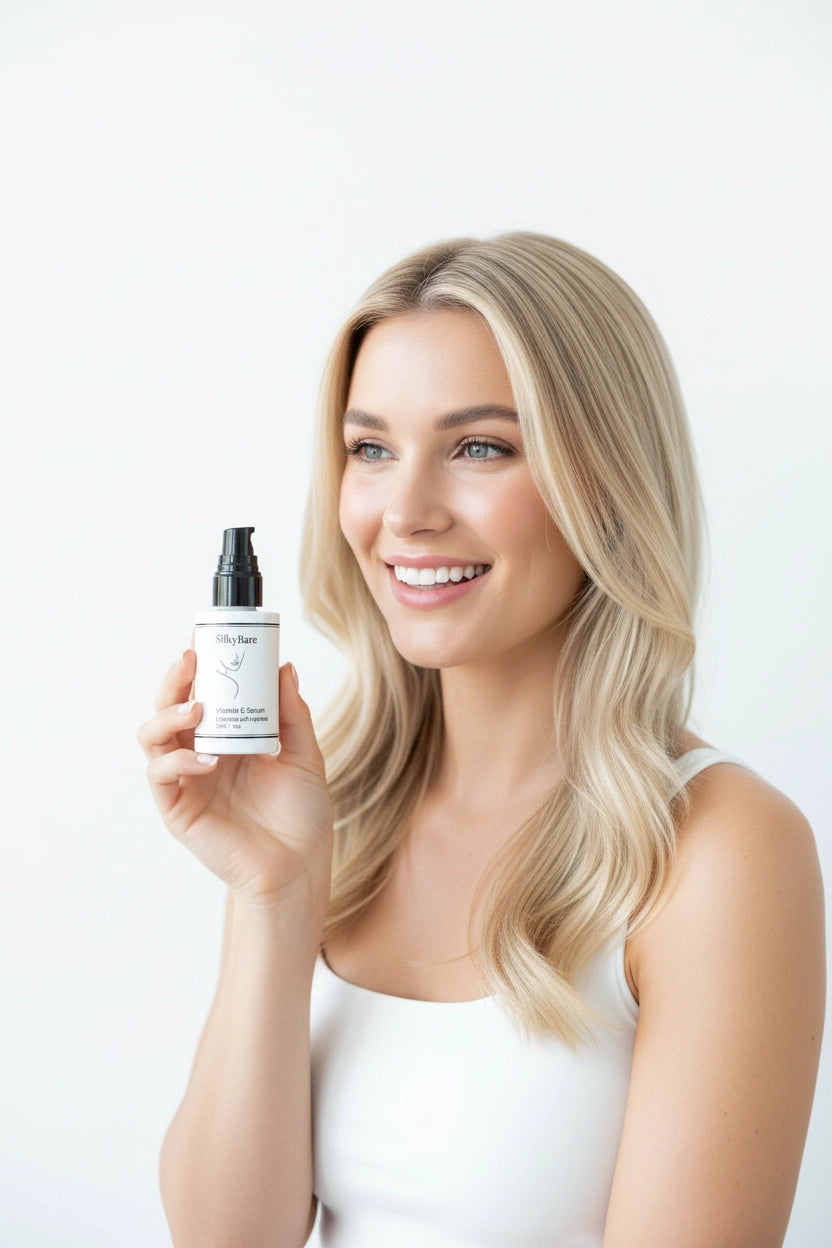 A smiling blonde woman in a white top holds up a small vitamin c serum bottle with a black pump against a clean white background.