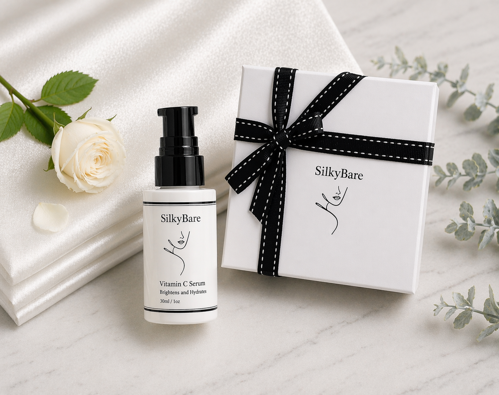 SilkyBare Vitamin C Serum bottle and gift box. Brightens and Hydrates the skin